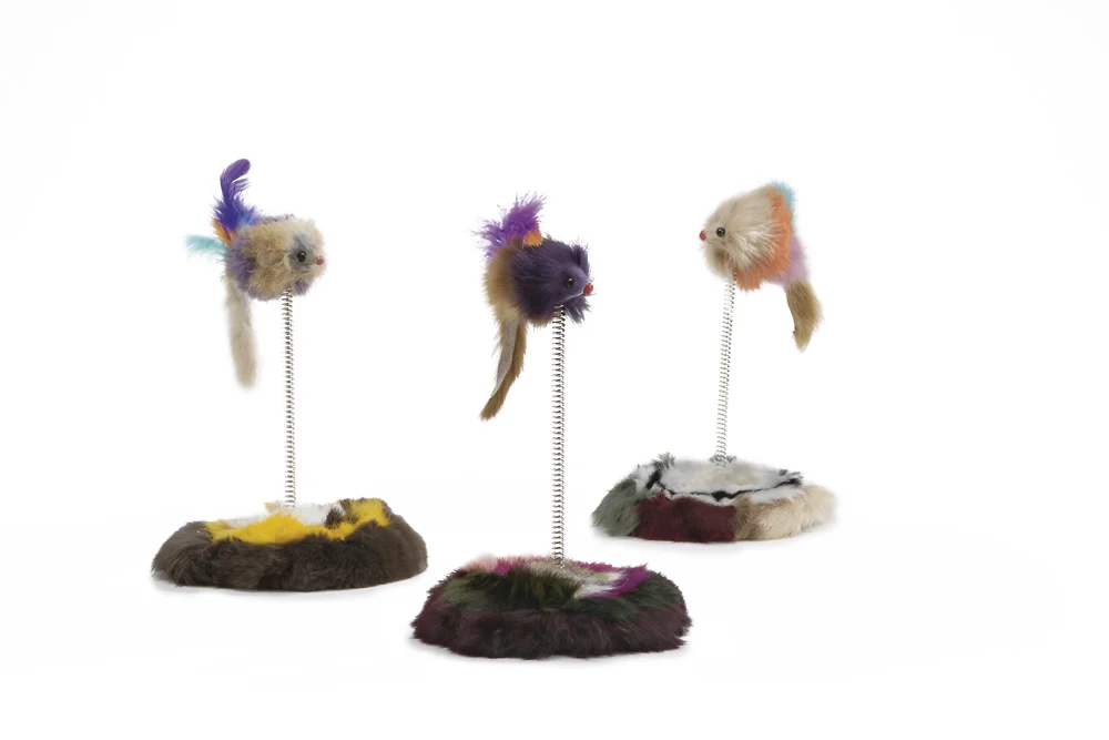 Beeztees Pluche Muis op Springveer - Kattenspeeltje - Multi