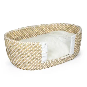 Boho rieten instapmand & kussen M – 68x44x24cm beige/wit