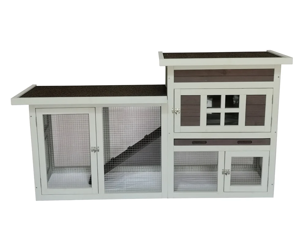 Konijnenhok Manor met 2 rennen - Whitewash/grijs - 1x317x1 cm