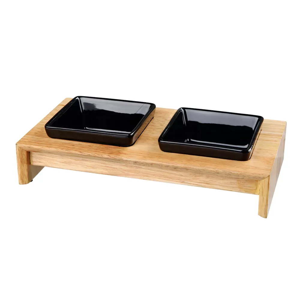 Voerbak Set – Hout en keramiek