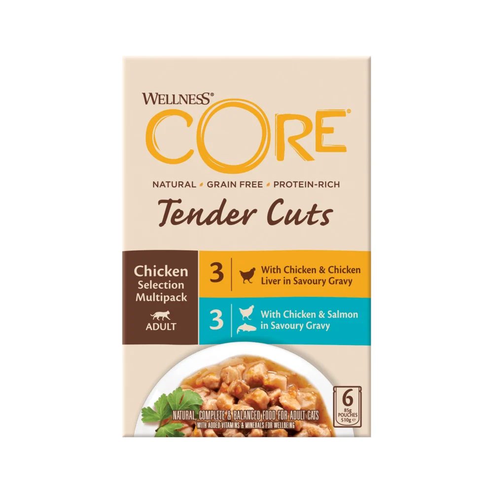 Wellness Core Tender Cuts - Kattenvoer - 6x85 gram - 85 Gram - zalm, kip